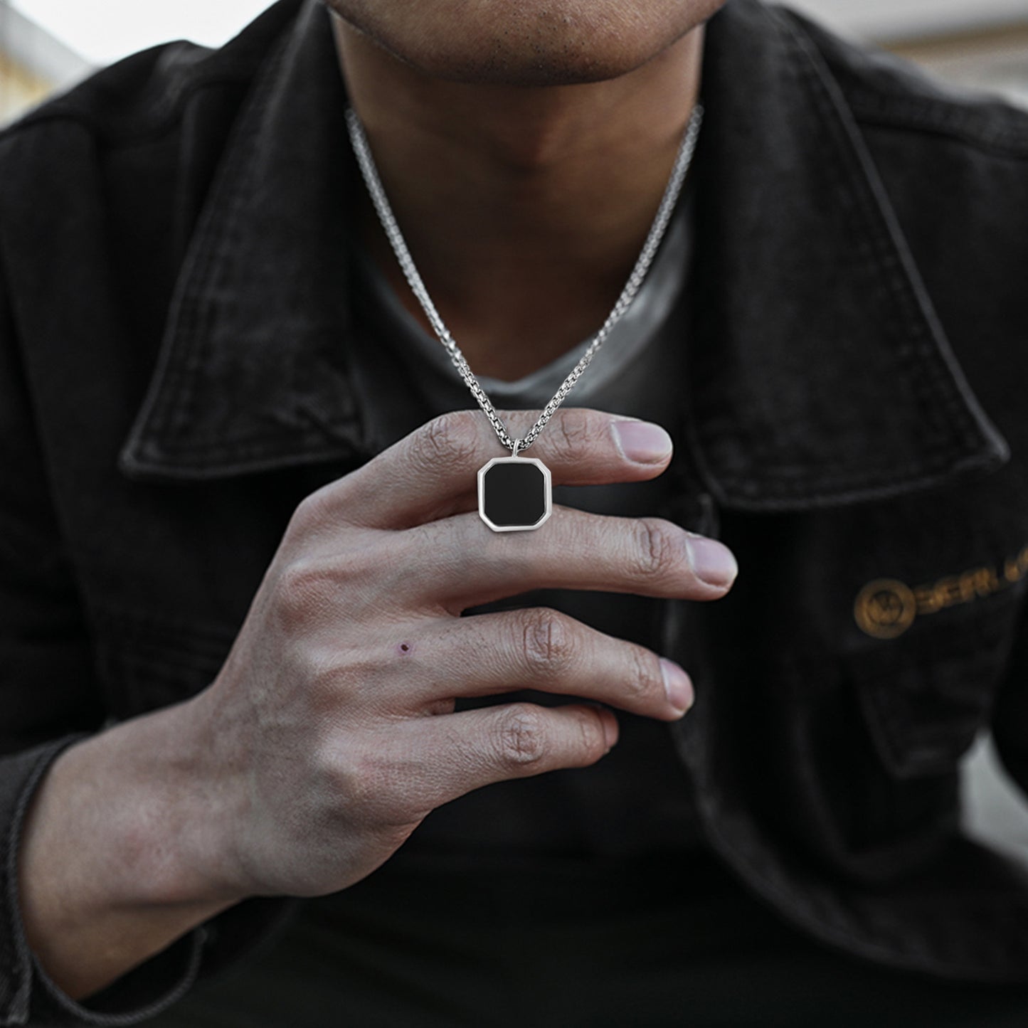 Vnox Black Square Necklace For Men, Stainless Steel Geometric Pendant,